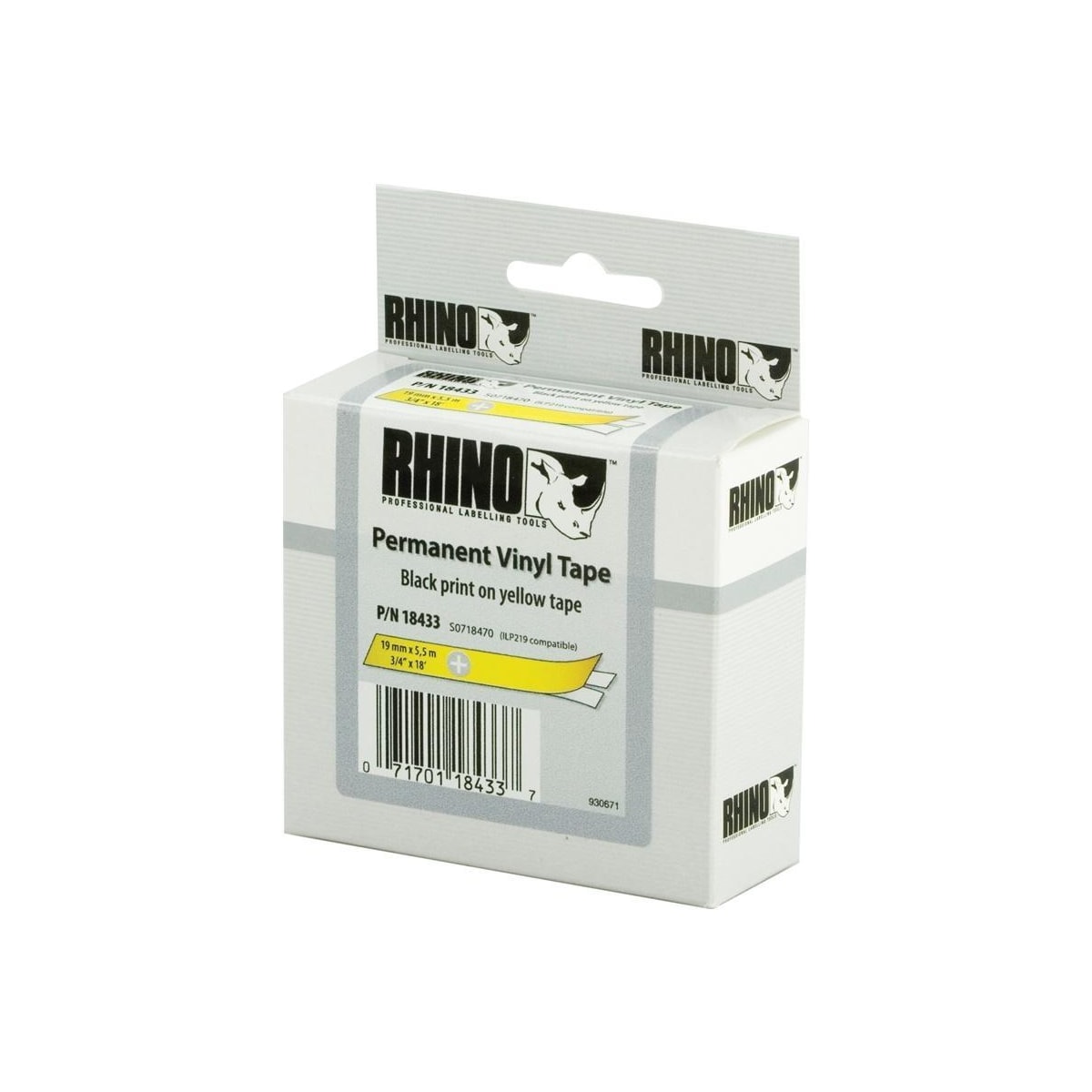DYMO RhinoPRO märktejp perm vinyl 19mm, svart på gult, 5.5m rulle