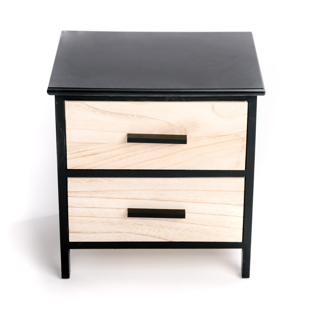 Table chevet, table de nuit chambre meuble rangement bois beige/noir 2 tiroirs scandinave 40x29x42cm
