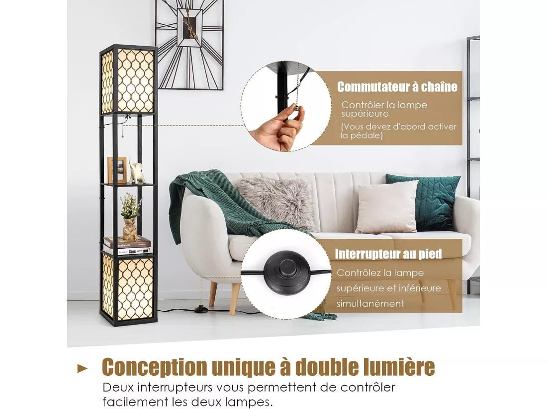 Lampadaire en bois 1,56mà 2 etagères de stockage design scandinave double interrupteur