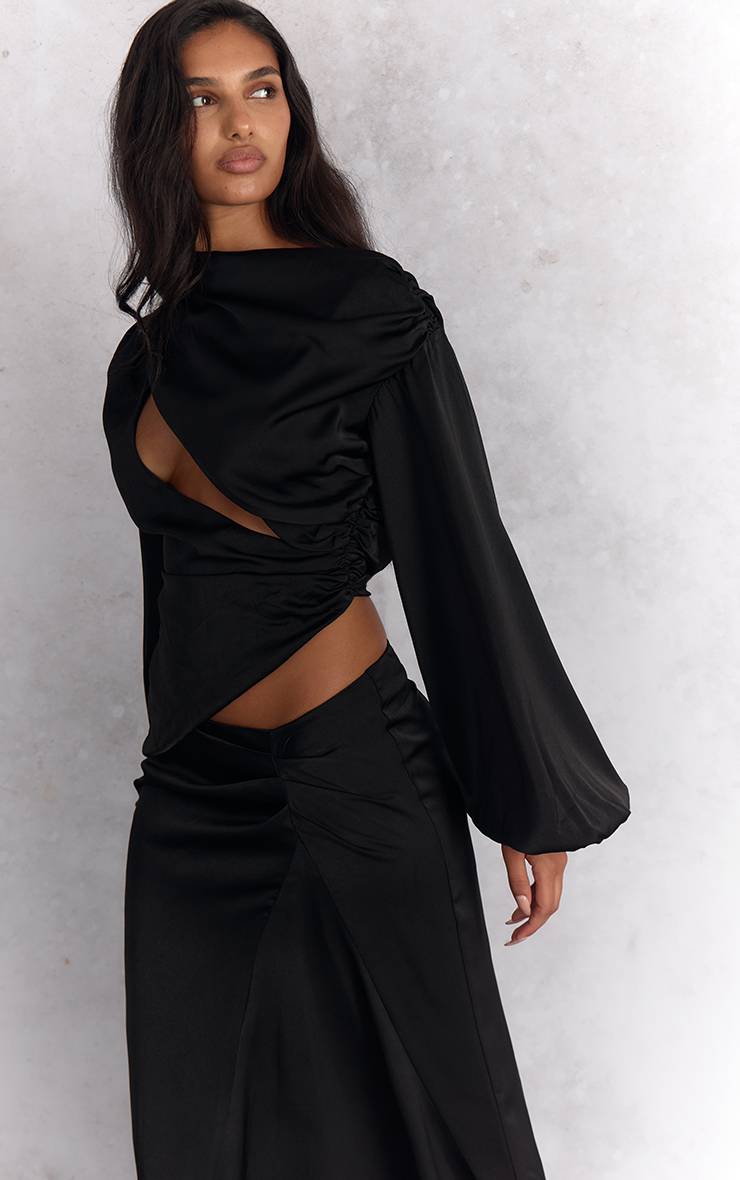 Noir Ensemble Coordonné Blouse Satinée À Manches Longues Et Découpes