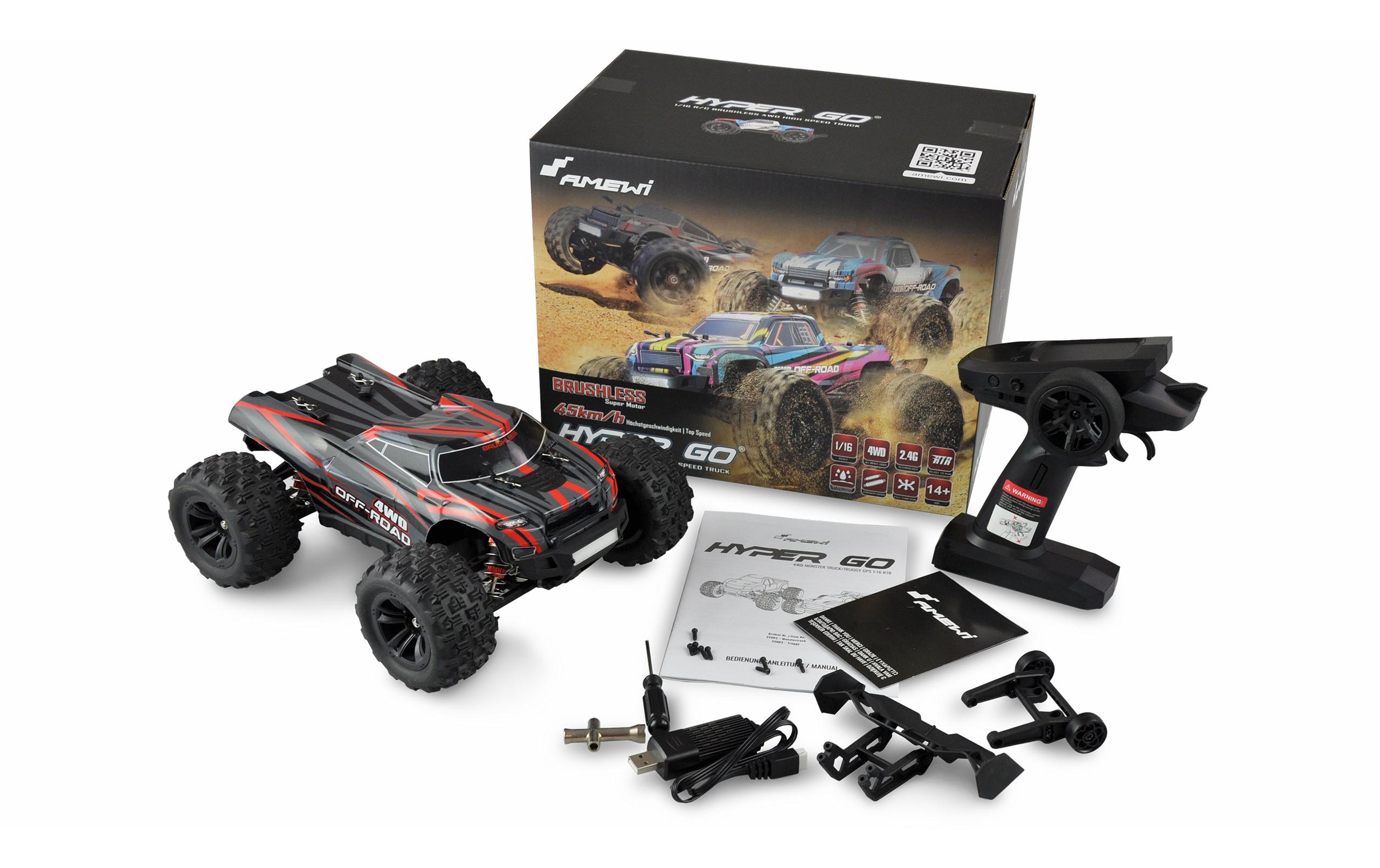 Truggy Hyper GO Brushless 4WD, Schwarz/Rot, 1:16, RTR<br>Off-Road RC Modellauto mit Allradantrieb und 45 km/h Höchstgeschwindigkeit
