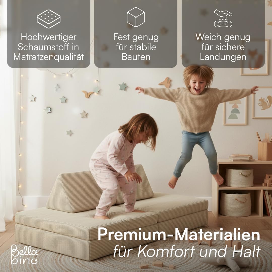 Bellabino Nile Spielsofa für Kinder – Kindersofa Cord in Beige – Spielesofa aus Schaumstoff Bausteine – modulare Kindercouch ausklappbar – Spielcouch waschbarer Bezug – Sofa Kinderzimmer Kuschelecke