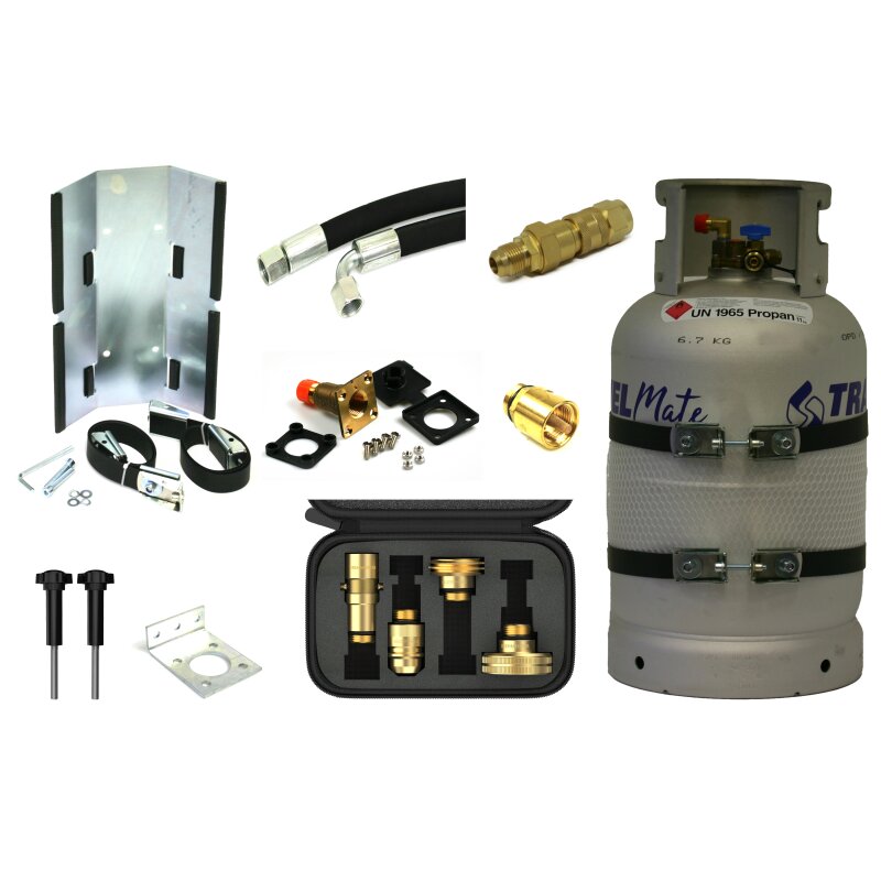ALUGAS Tankflasche 33,3L mit 80% Multiventil & Tankadapter + Einbauset (Halter, HK gerade 1,25m ger-90°, Sinter-Filter, Schnellkupplung)