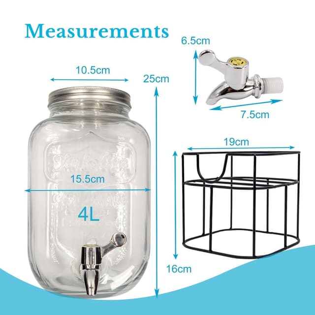 Drikkevaredispenser 4 L med hane og stativ Glasbeholder
