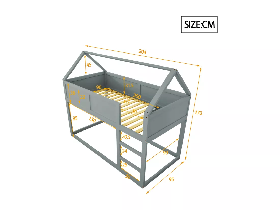 Lit superposé 90x200cm - avec escalier - structure en bois massif - Gris