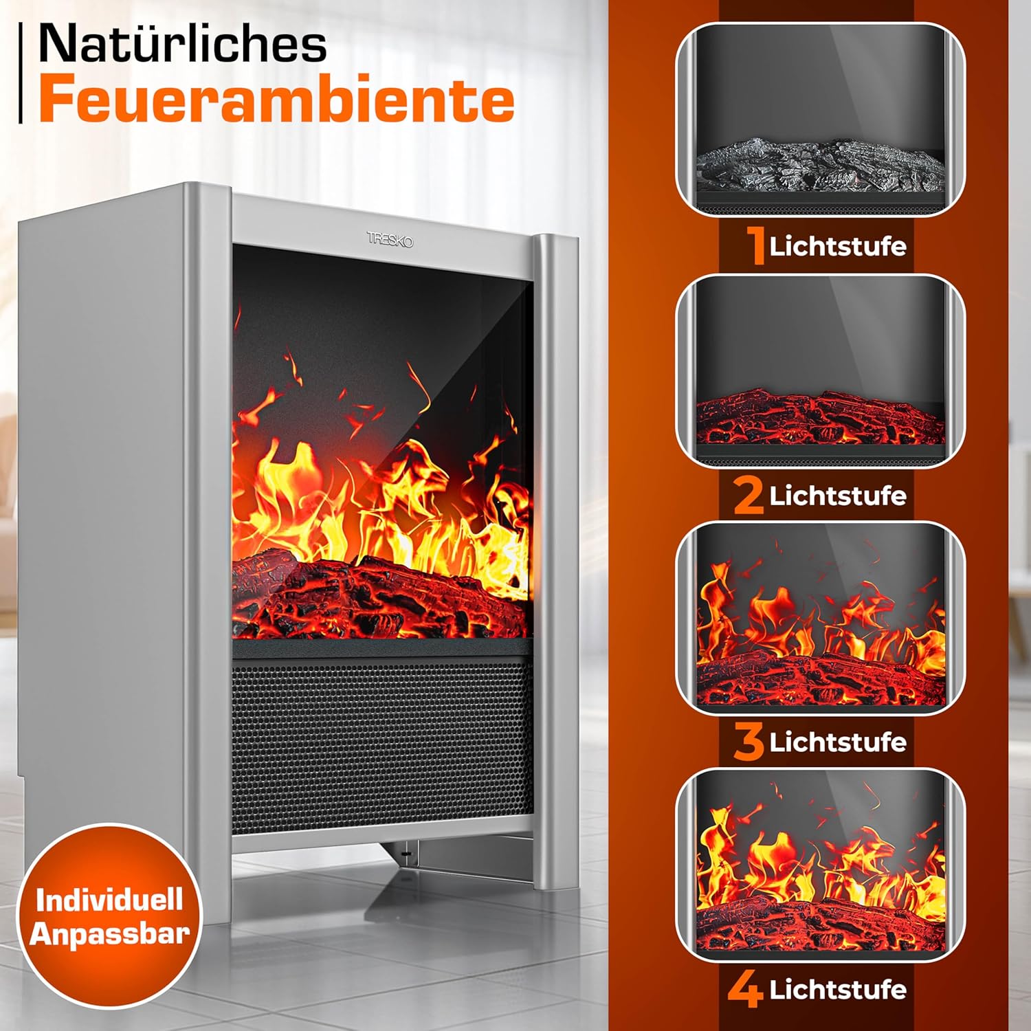 TRESKO® Elektrokamin mit Heizung & Fernbedienung 2000W, WiFi App | Kamin elektrisch LED-Flammeneffekt & LCD-Display | Kaminfeuer mit Thermostat, Timer | Elektro Kaminofen Standkamin Heizlüfter