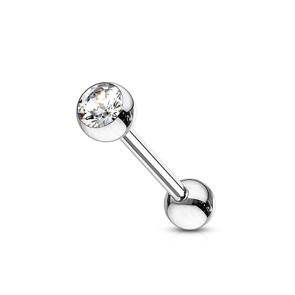 (16mm) Barbell 316L Chirurgenstahl Zungenpiercing mit Gewindeverschluss Strass Stein - Silber
