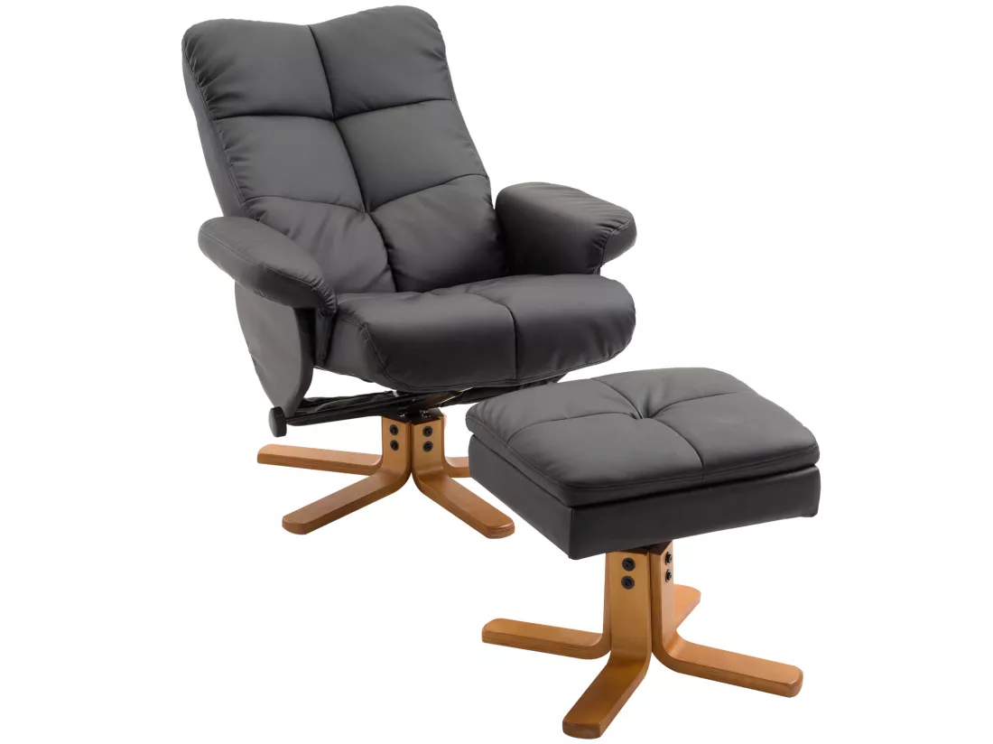 Fauteuil relax inclinable style contemporain repose-pieds coffre rangement revêtement synthétique acier bois noir