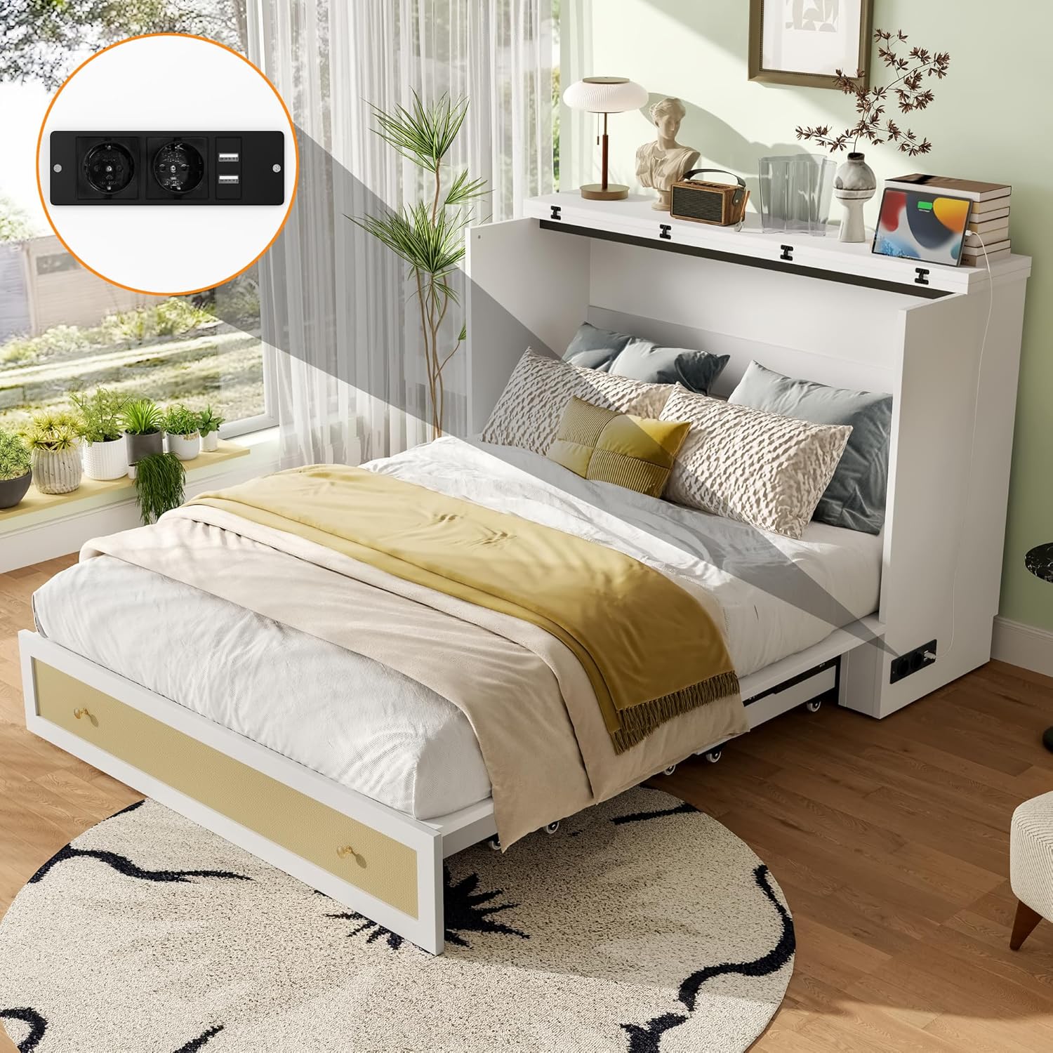 Mobiles Schrankbett 140x200, Umbaubares Schrankbett mit Schubladen, USB Steckdose und Regal, Vertikales Wandbett Klappbett Wandklappbett Murphy Bed Plattformbett Bettschrank, MDF, Ohne Matratze, Weiß