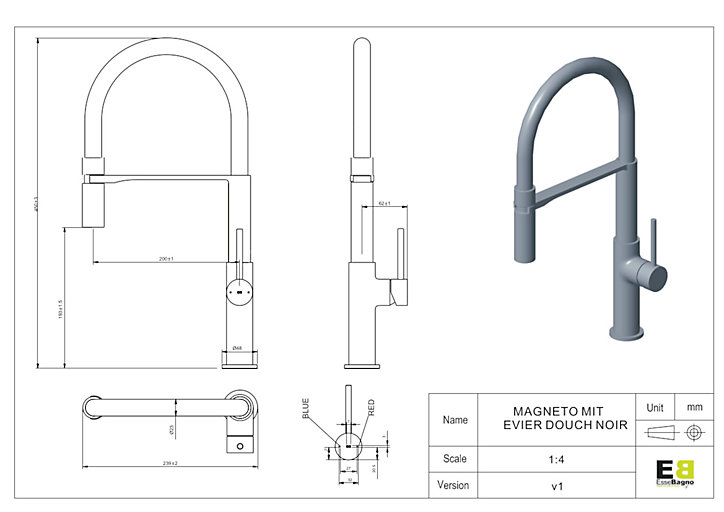 Mitigeur de cuisine noir avec douchette EsseBagno Magnet