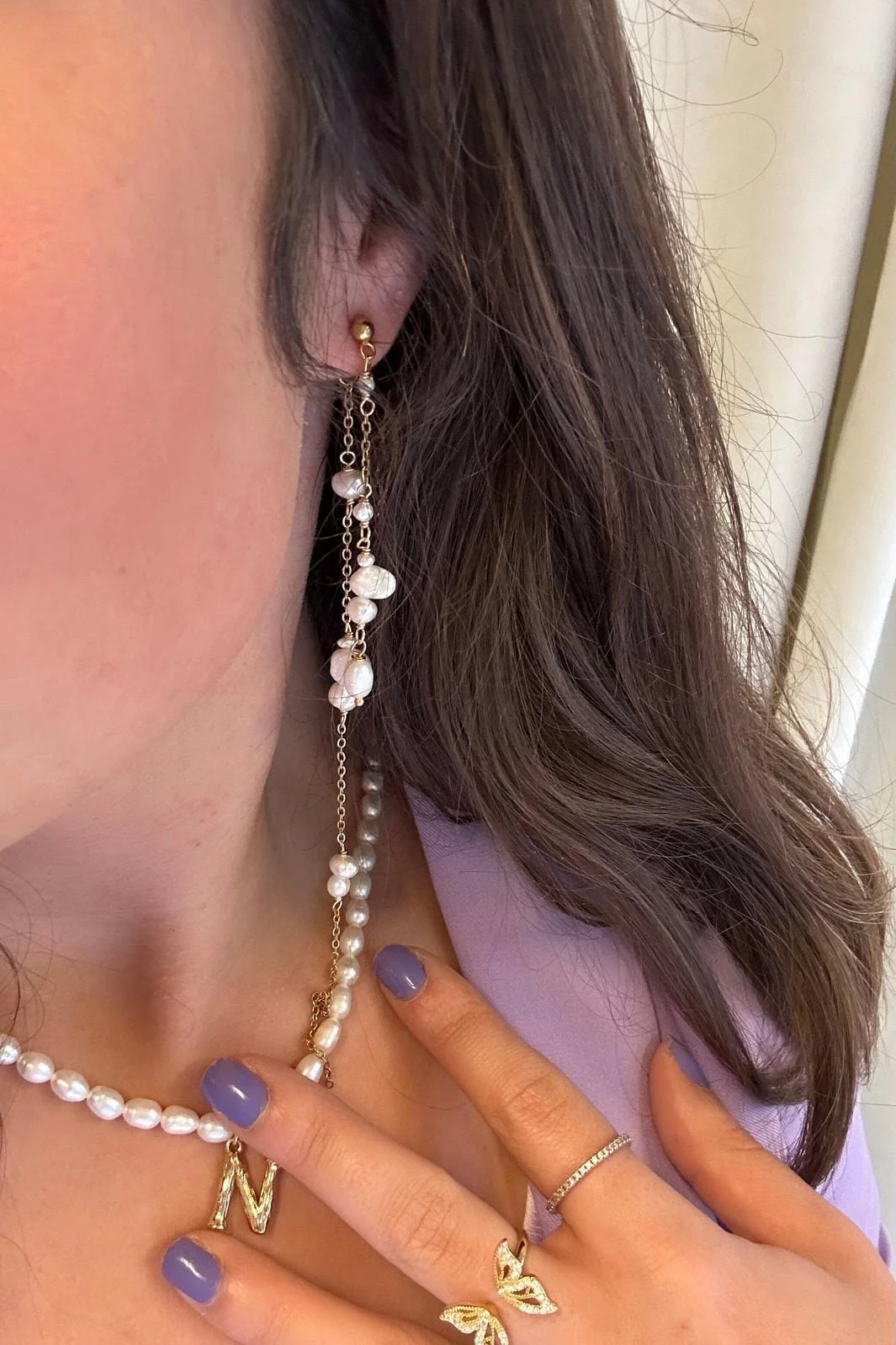 Mellow Moon Double String Pearl Earring Long