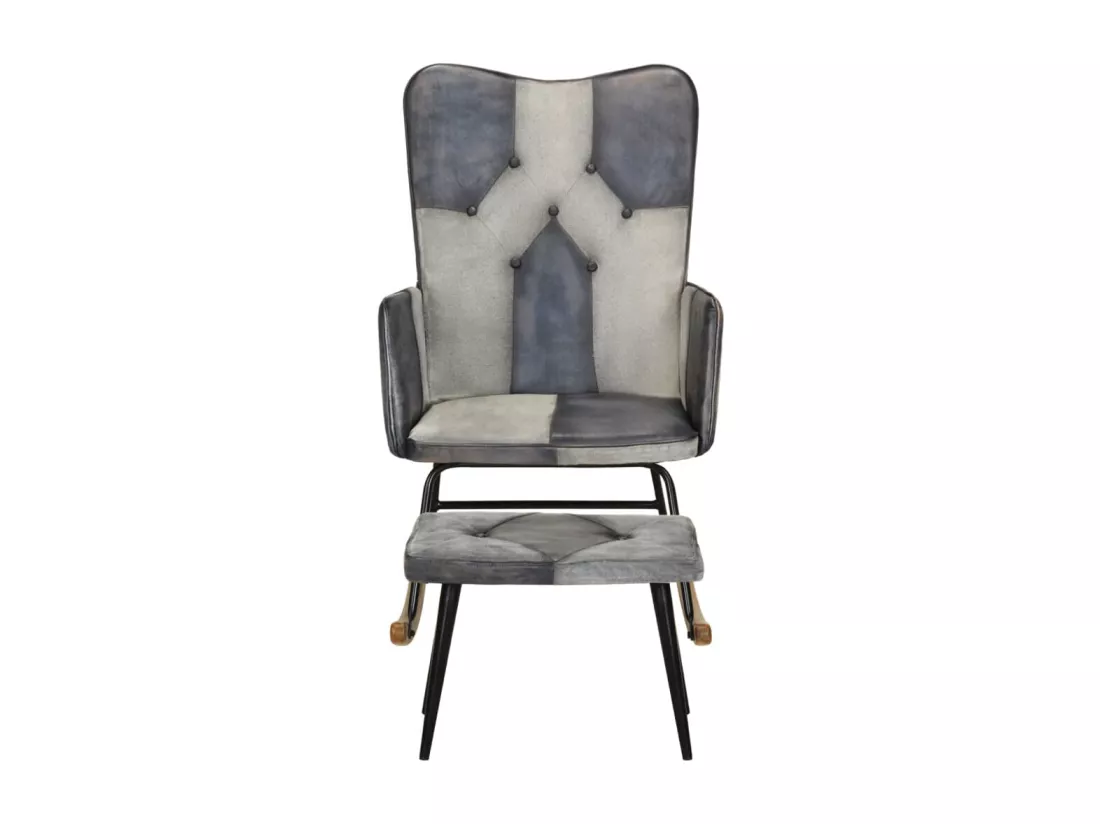 Chaise à bascule et repose-pieds Gris Cuir véritable et toile