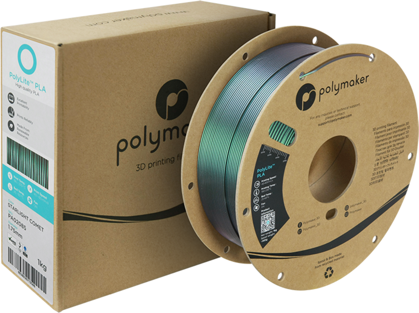 Polymaker  PolyLite PLA Starlight Comet, 1,75 mm / 1000 g    PLA Filament mit wechselndem Farbeffekt