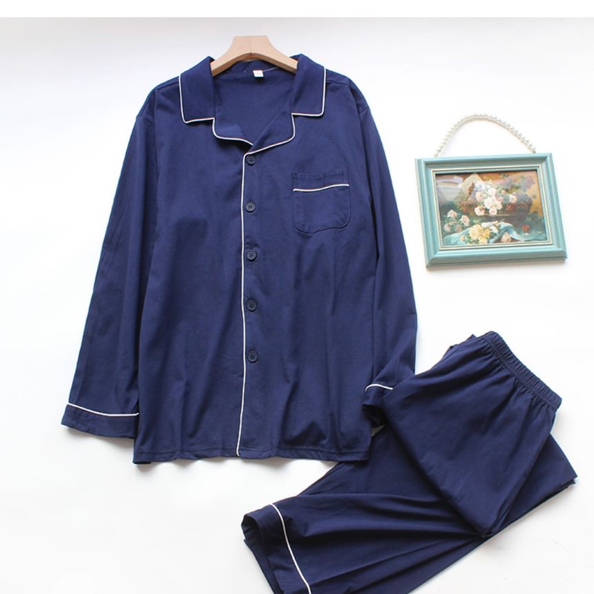 Dogini - Bijpassende pyjamaset voor koppels: effen shirt met contrasterende rand + broek