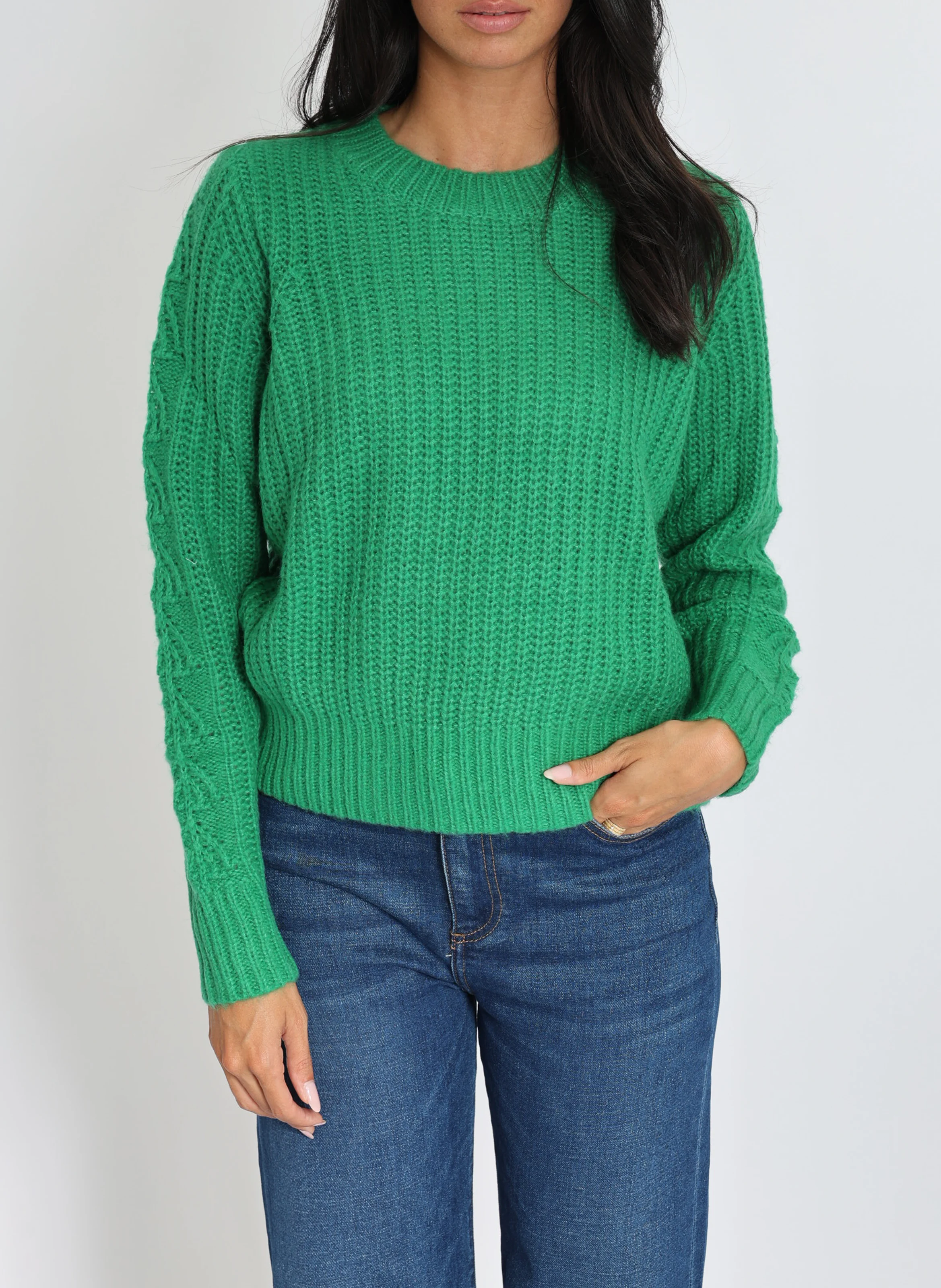 LANA - Pull droit col rond en maille mélangée | Vert