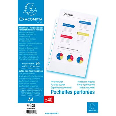 Exacompta - 40 Pochettes plastique perforées - A4 - lisses - 6/100