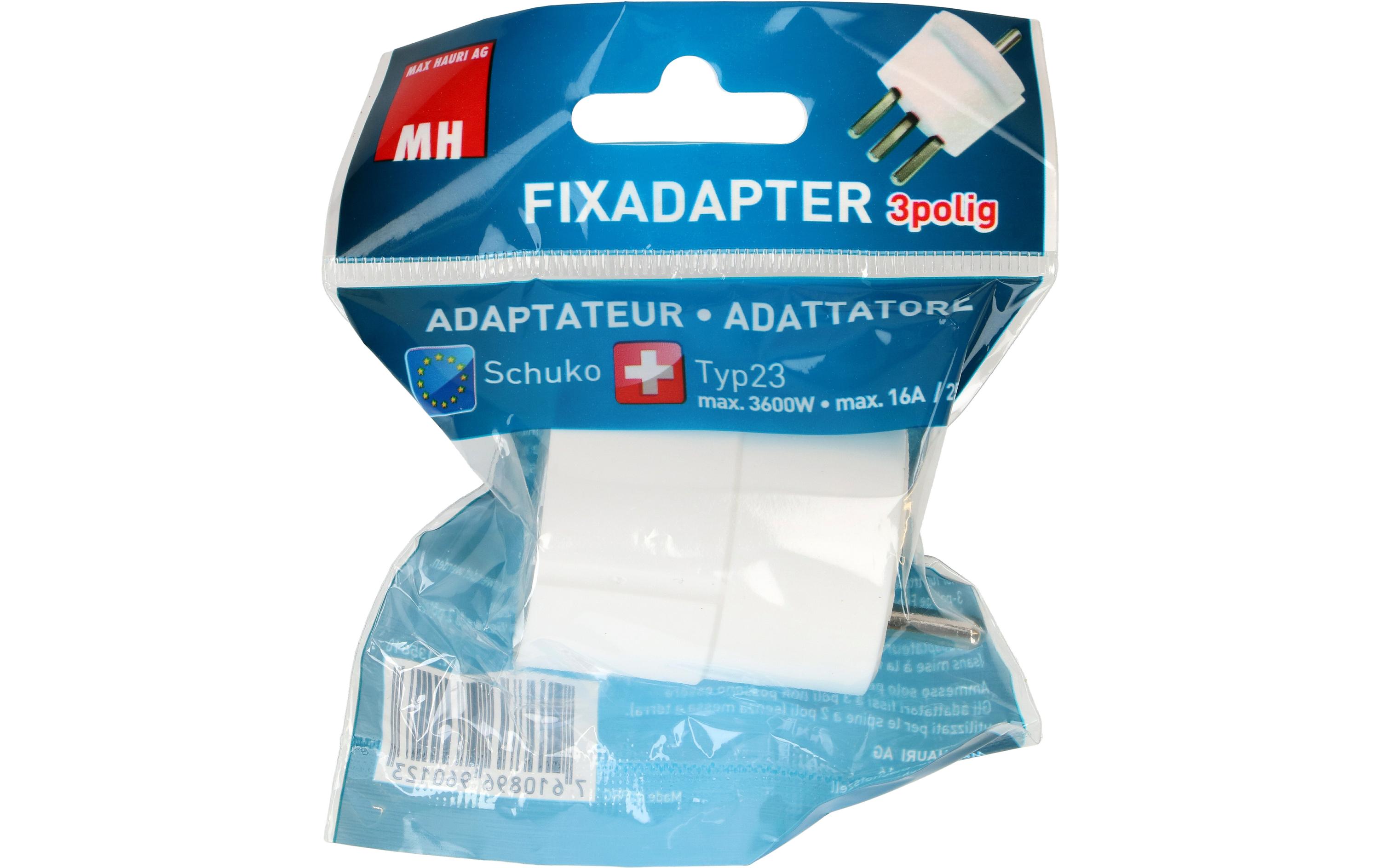 Fixadapter Schuko – Typ 23 WeissDeutsch Schuko auf Schweiz T23, 3-polig