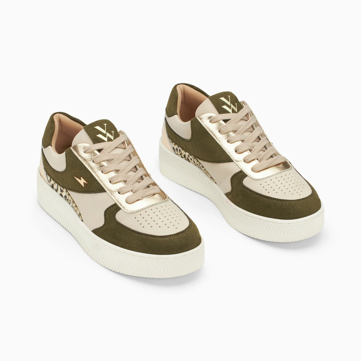 Sneakers-Baskets Théonie beige et kaki à lacets