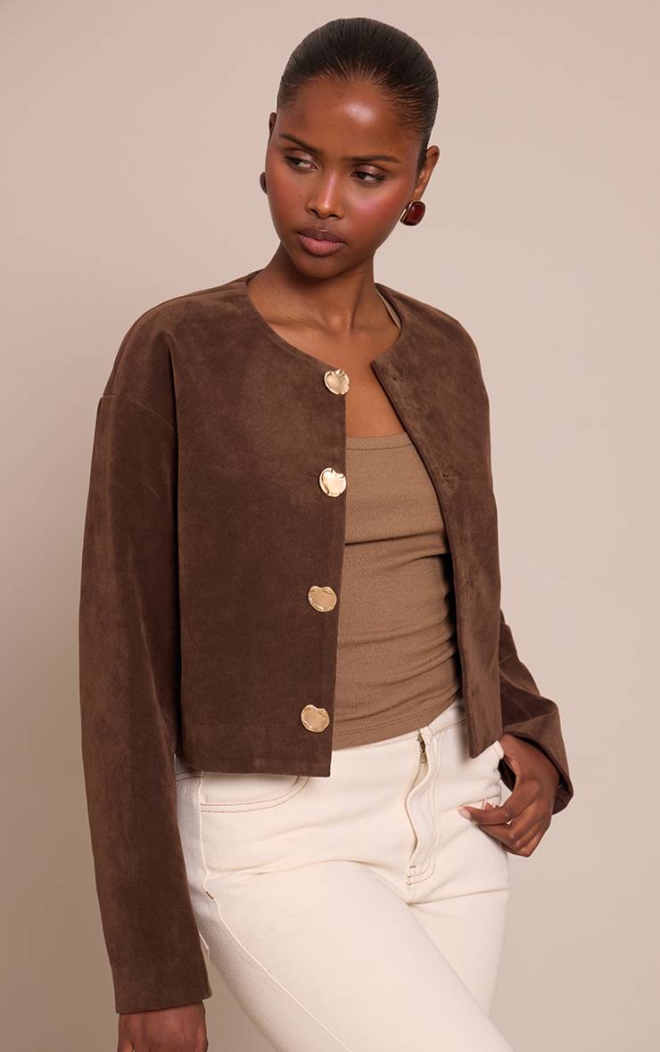Chocolat Veste En Daim Col Rond Boutons Dorés