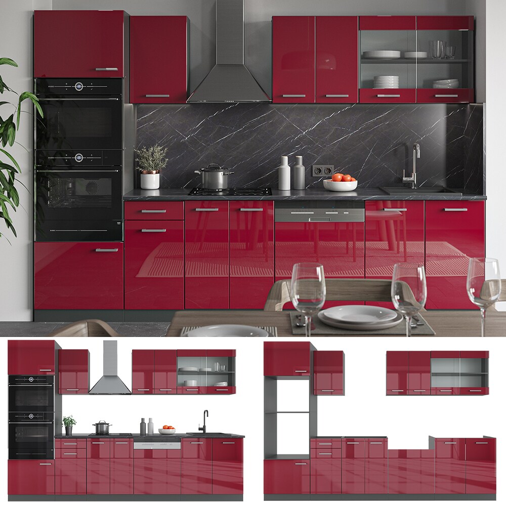 VICCO KÜCHE R-LINE 300 CM KÜCHENZEILE KÜCHENBLOCK EINBAUKÜCHE ANTHRAZIT BORDEAUX HOCHGLANZ
