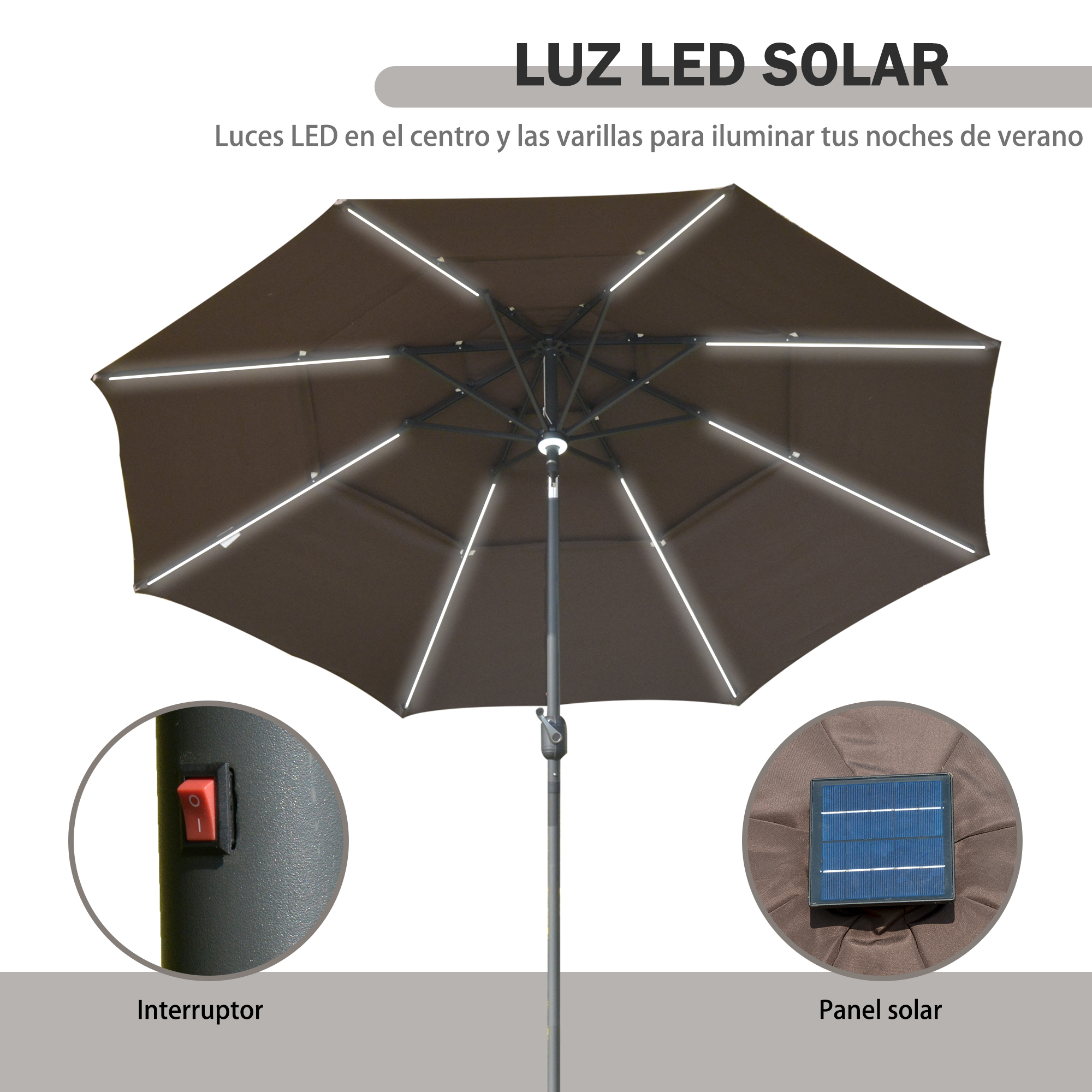Guarda-sol de jardim Outsunny Ø300x250cm com luzes LED e painel solar, manivela, ângulo ajustável em 3 posições, ideal para pátio, terraço, piscina e café.