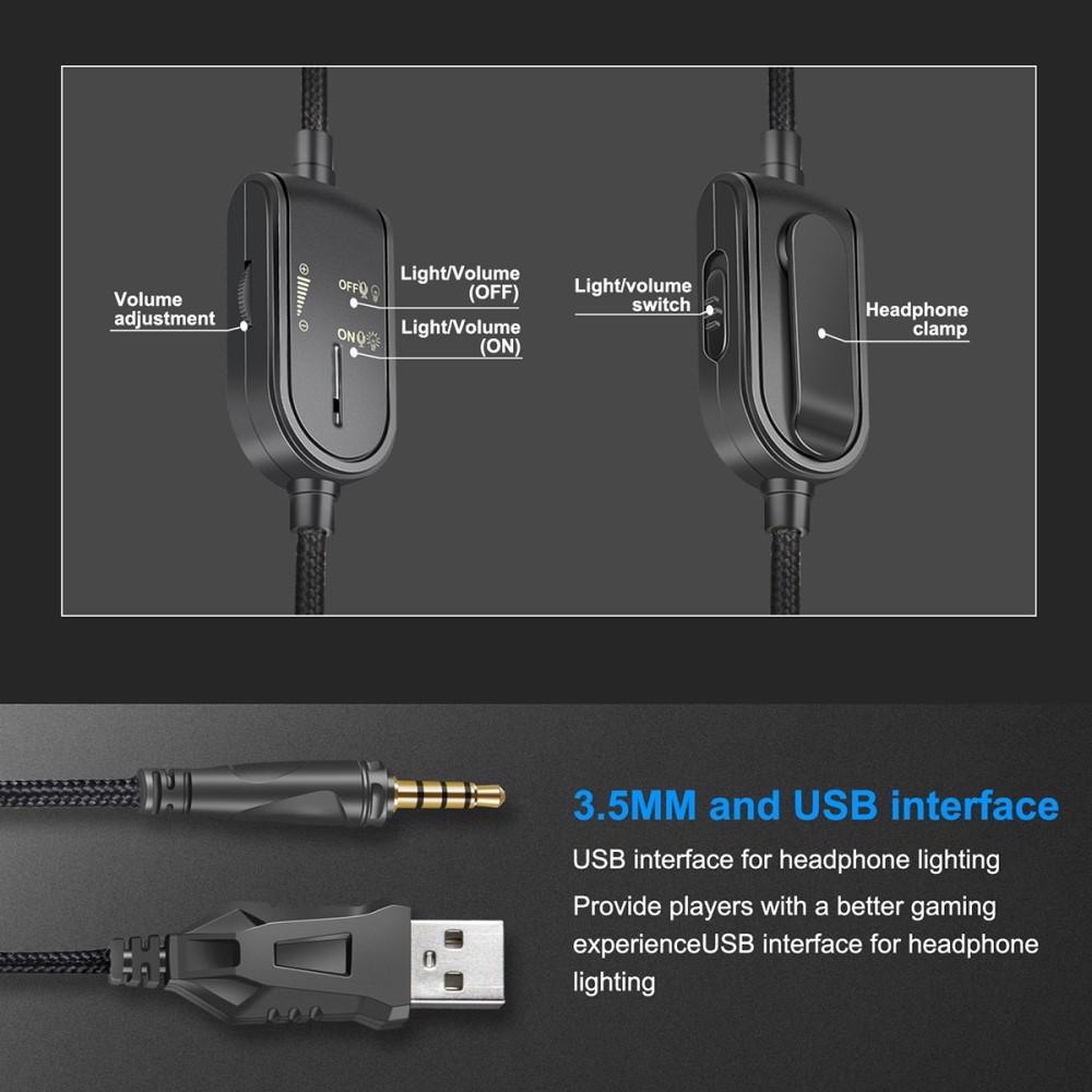 K8 Gaming USB Kopfhörer LED Headset mit Mikrofon   3.5mm Klinken Schwarz (Design I)
