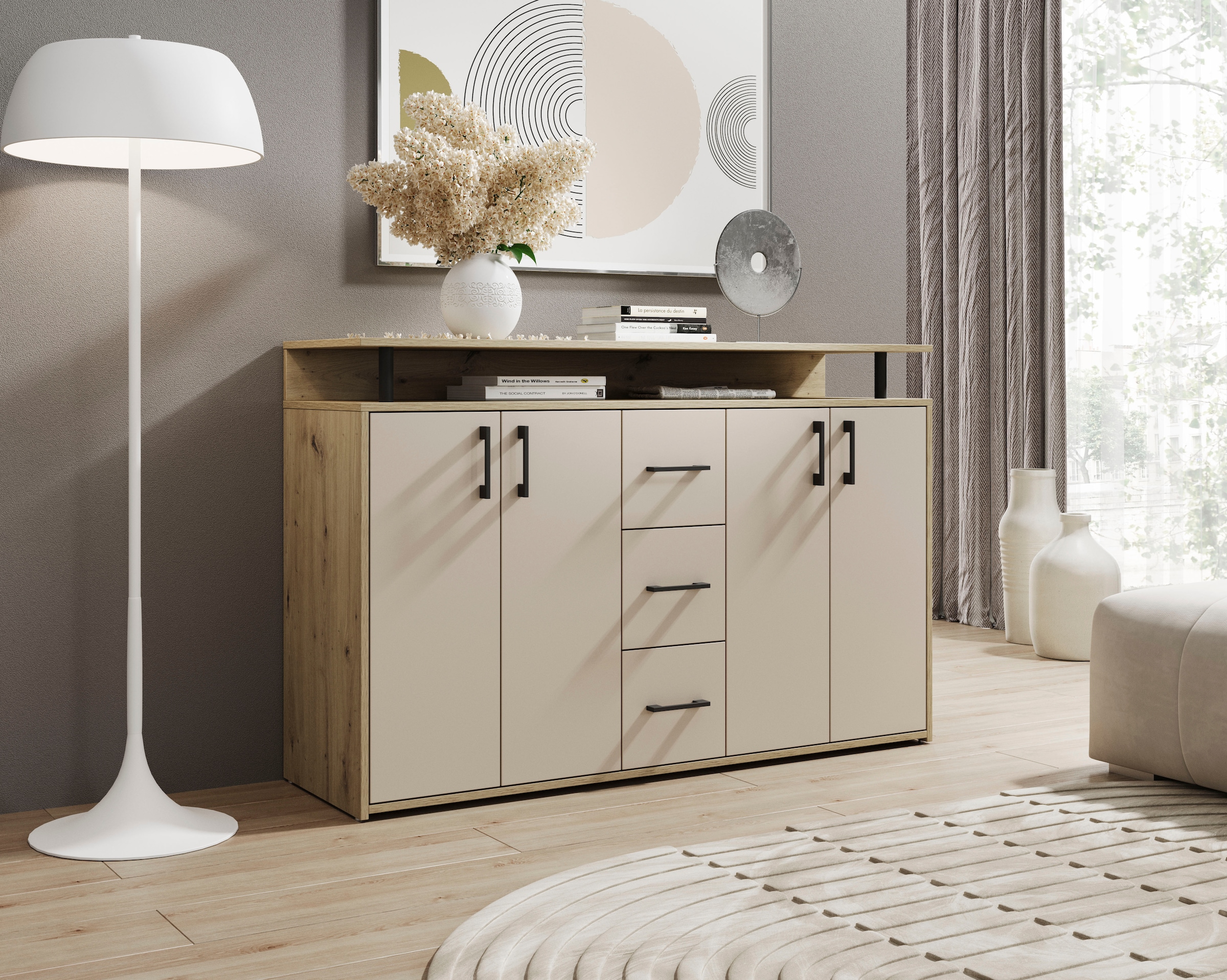 HBZ Sideboard »Drivno Sideboard, B/H/T 139x90x34 cm« 1 Stk. tlg. Breite 139cm, Kugelauszug, Einlegeböden verstellbar,  3 Schubkästen