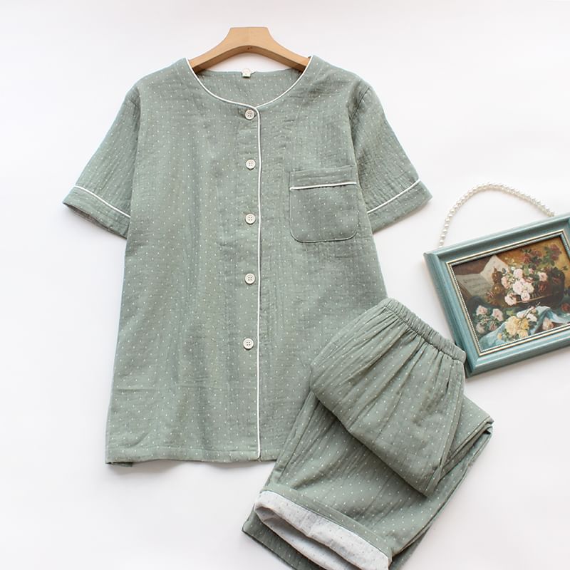 Dogini - Bijpassende pyjamaset voor koppels: top met korte mouwen, ronde hals, patroon en knoopjes + capribroek (verschillende ontwerpen)