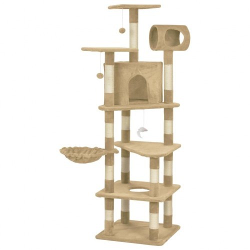 Arranhador bege para gatos com hastes revestidas de sisal.