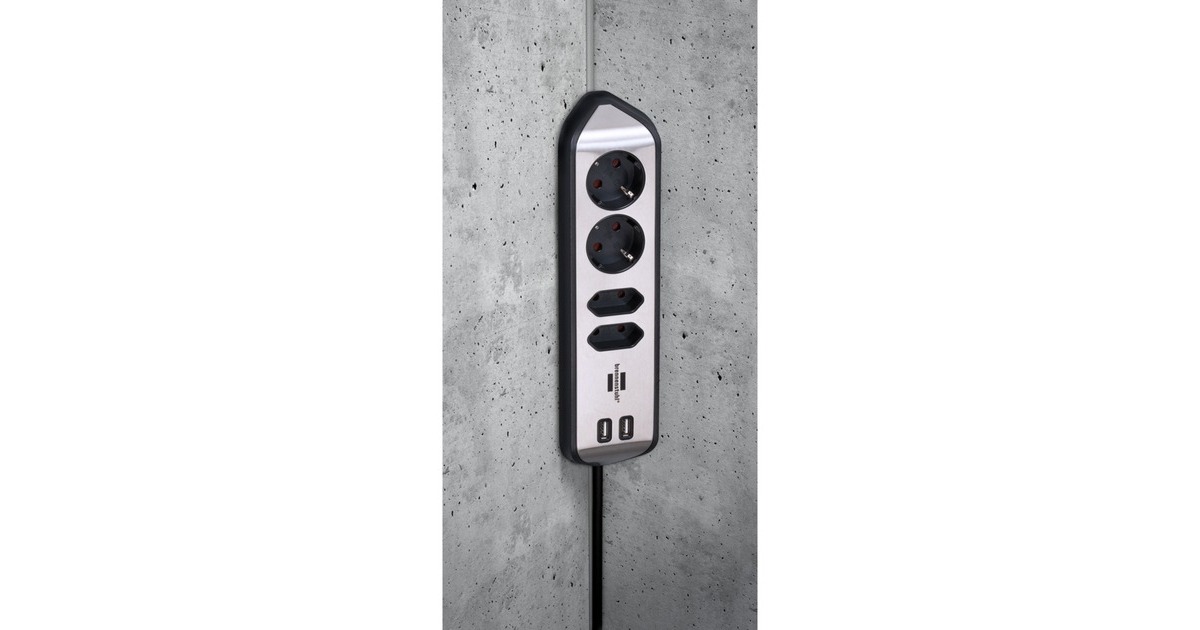 BrennenstuhlEstilo Hoekstekkerdoos 4-voudig stekkerdoos  (Zwart/roestvrij staal, 2x USB)
