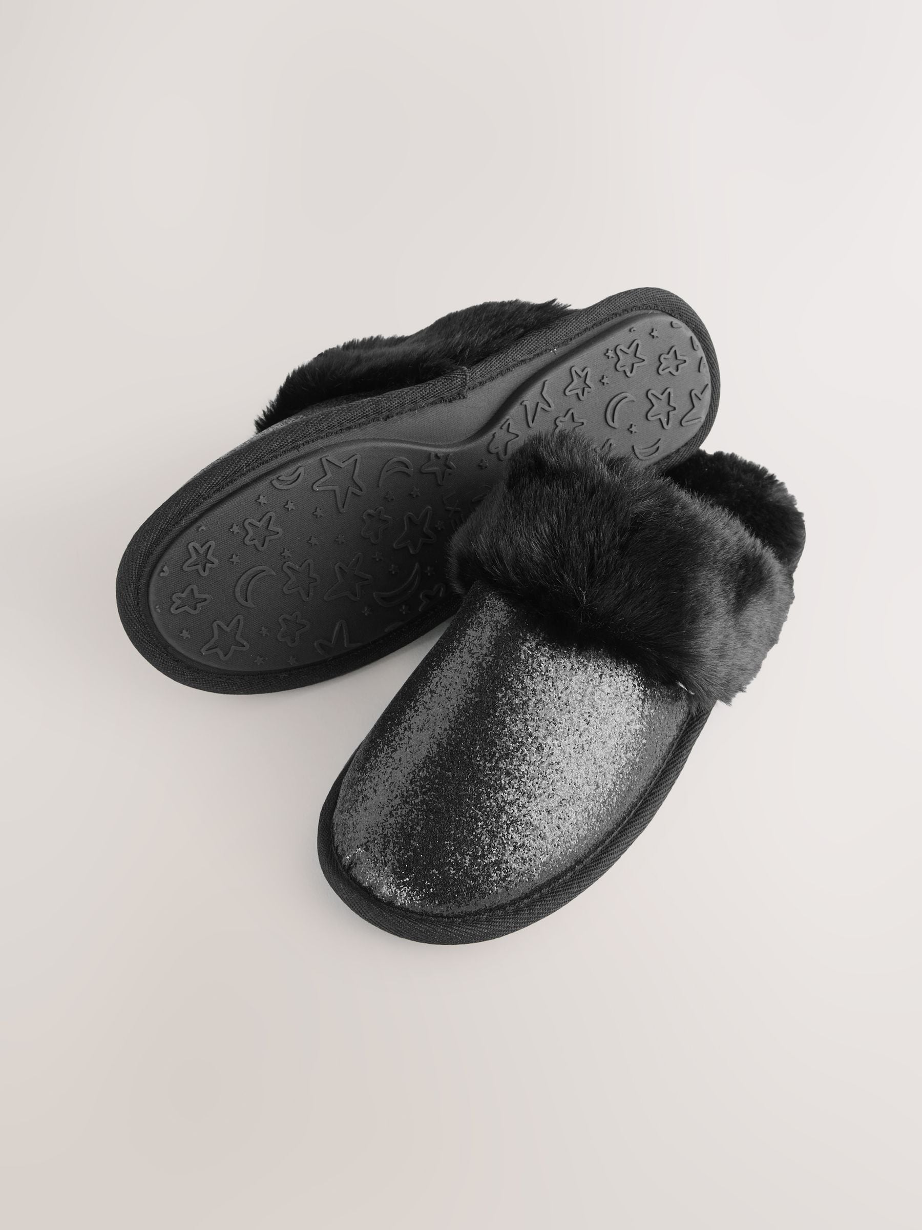 Zwart - Faux Fur Glitter Mule Slippers