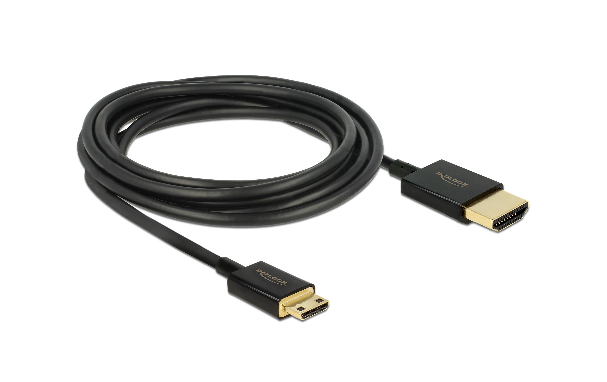 Kabel 4K 60Hz HDMI - Mini-HDMI (HDMI-C), 3 m, SchwarzDelock Kabel High Speed HDMI mit Ethernet – HDMI-A Stecker > HDMI Mini-C Stecker 3D 4K 3 m Slim High Quality
