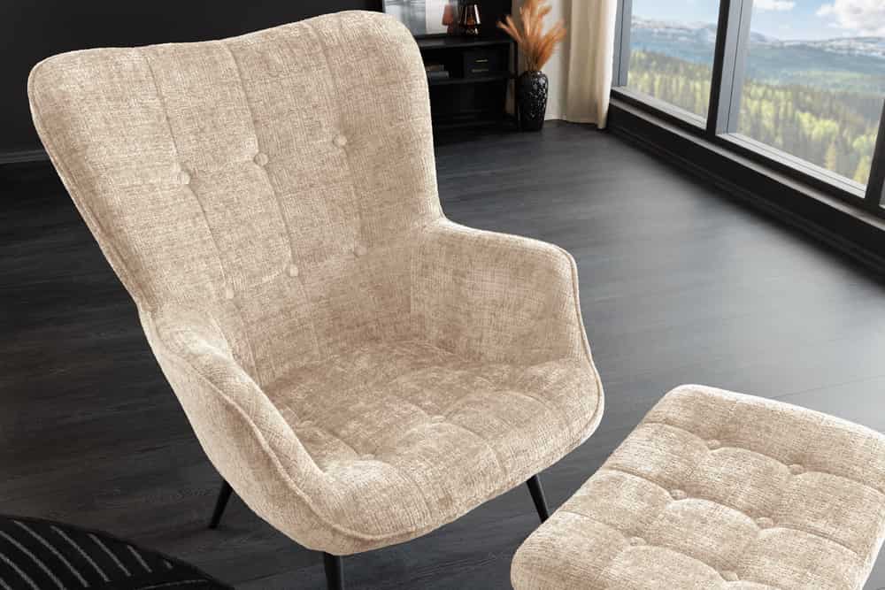 Design Sessel SCANDINAVIA champagner Chenille Cremona schwarz Metall mit Armlehne