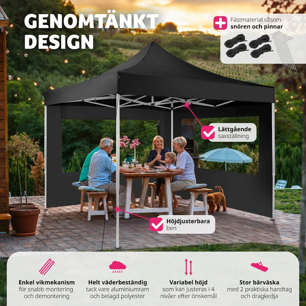 Partytelt, hagepaviljong Olivia 3x3 m med 2 vegger - svart