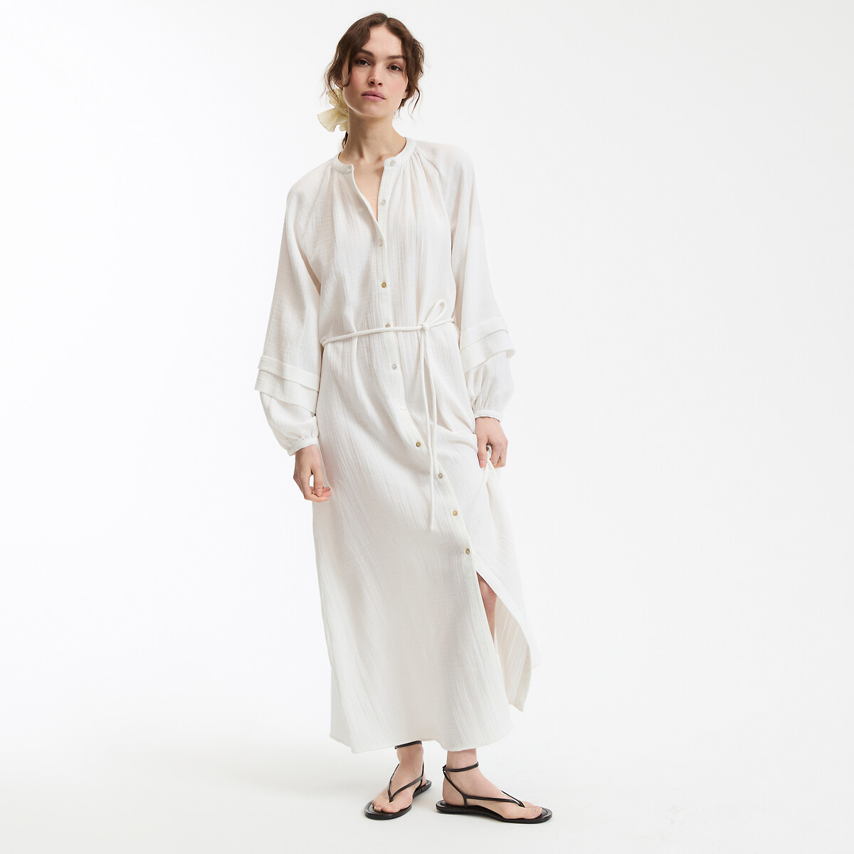 COLEÇÃO LA REDOUTE<br>Vestido longo evasê com decote redondo e mangas compridas