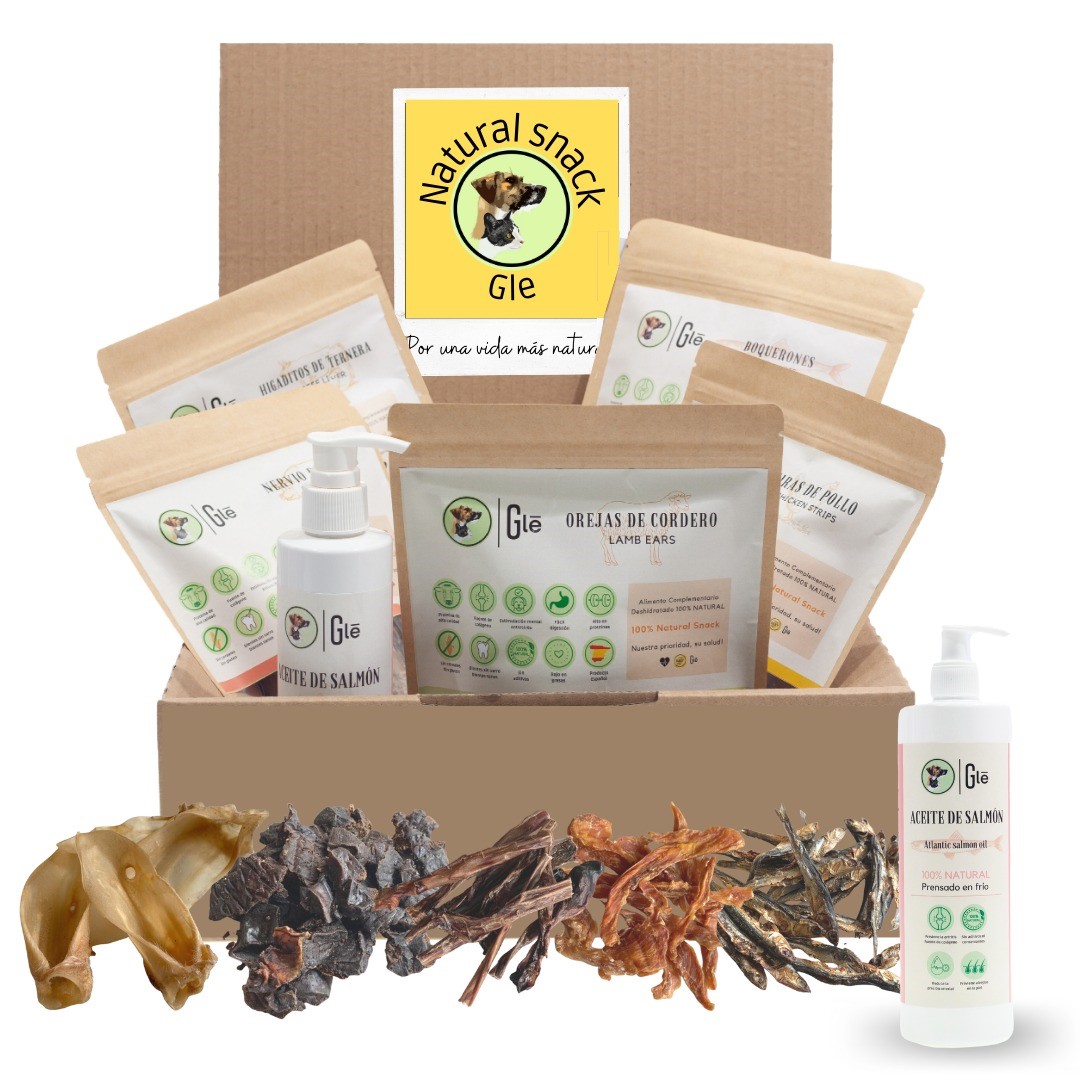 Caixa de petiscos naturais GLE Pets, presentes para cães, recompensas saudáveis, 5 saquinhos sortidos + óleo de salmão para cães (250 ml) - caixa amarela