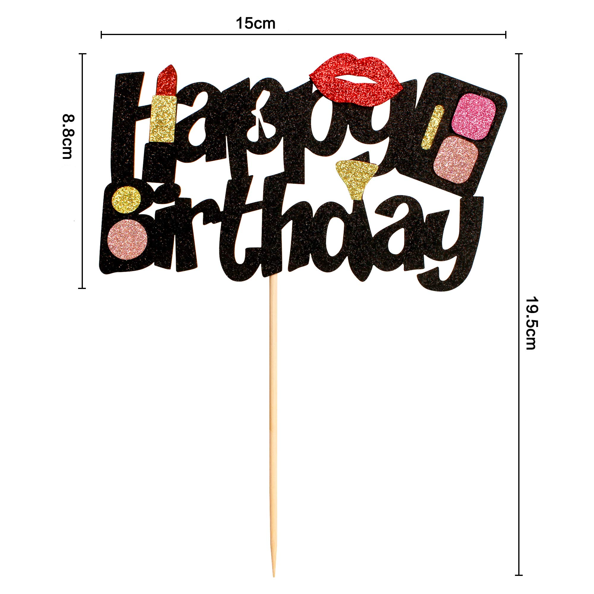 Kuchenstecker Happy Birthday Lippenstift Glitzer Tortenstecker Topper Dekoration für Torten / Kuchen - Schwarz