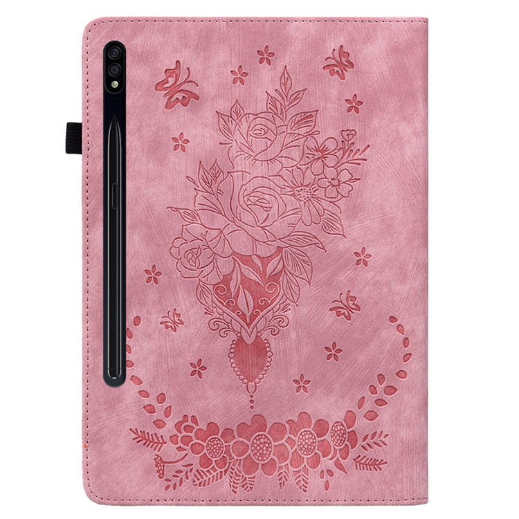 Samsung Galaxy Tab S10 Lite / S10 FE / Tab S9 FE / S9 Leder Tasche Flip Cover Rosen & Schmetterling Imprint   S-Pen Halterung - Rosa