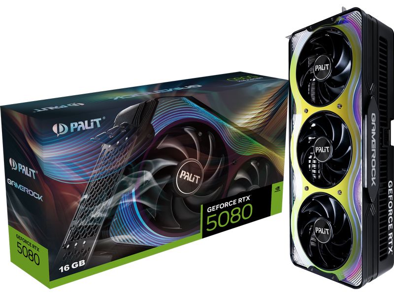 Palit Grafikkarte RTX 5080 GameRock 16 GB Gamer-Grafikkarte mit 16 GB GDDR7-Speicher, ermöglicht Auflösungen bis zu 8k