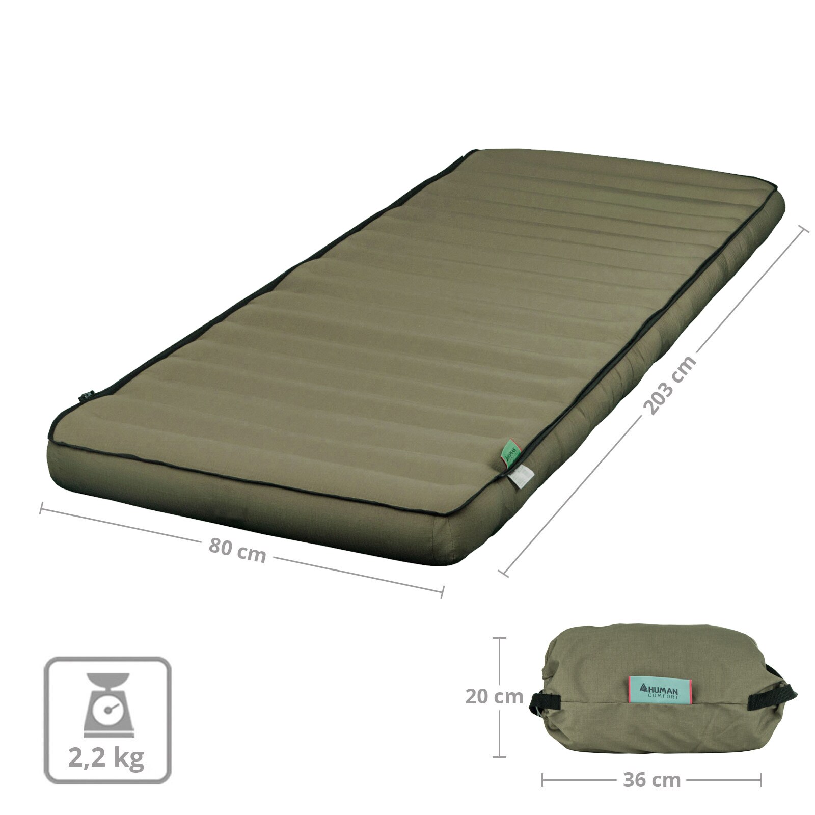 HUMAN COMFORT Luft Bett Chatou Isomatte Kasten Matratze Gäste 100% Baumwolle Farbe: Grün