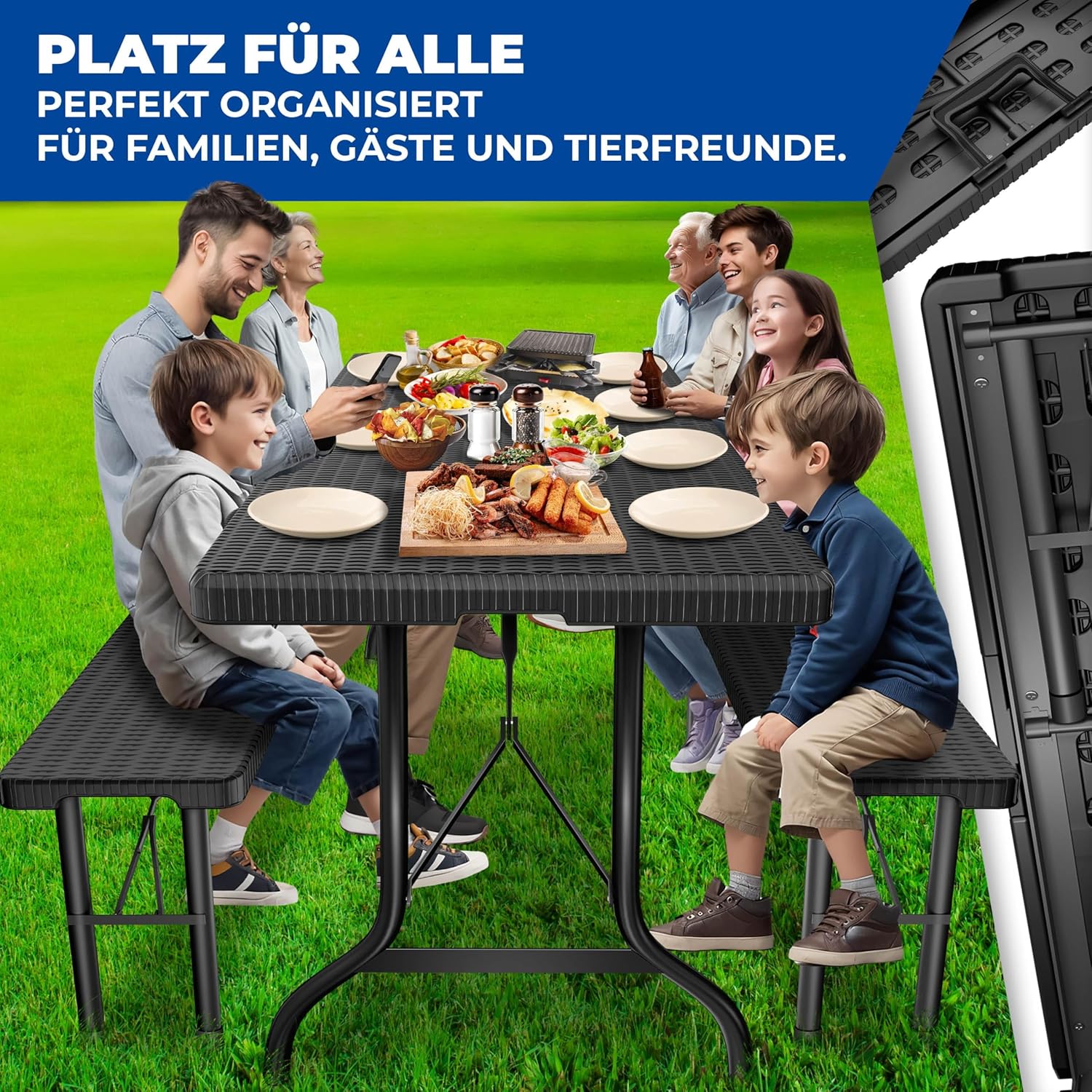 KESSER® Bierzeltgarnitur 3-teilig Set Tisch & 2x Bank | Buffettisch für drinnen & draußen Gartengarnitur klappbar 183x76x74cm Kunststoff Klapptisch Rattan-Look Gartentisch Inkl Abdeckung & Tragegriffe
