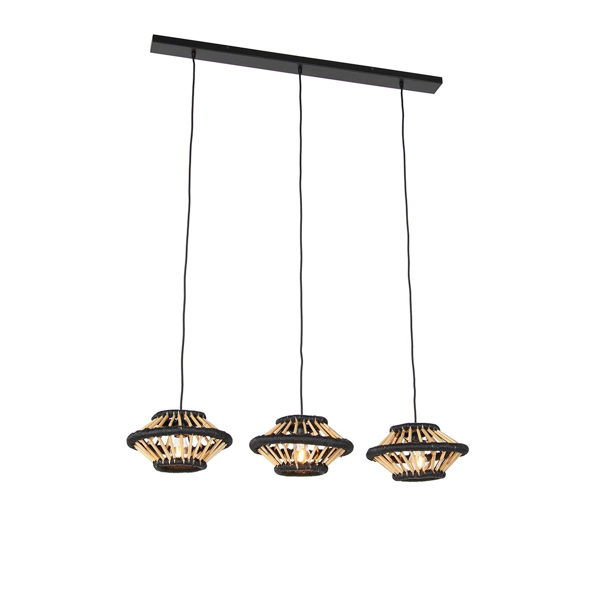 Oosterse hanglamp bamboe met zwart langwerpig 3-lichts - Evalin