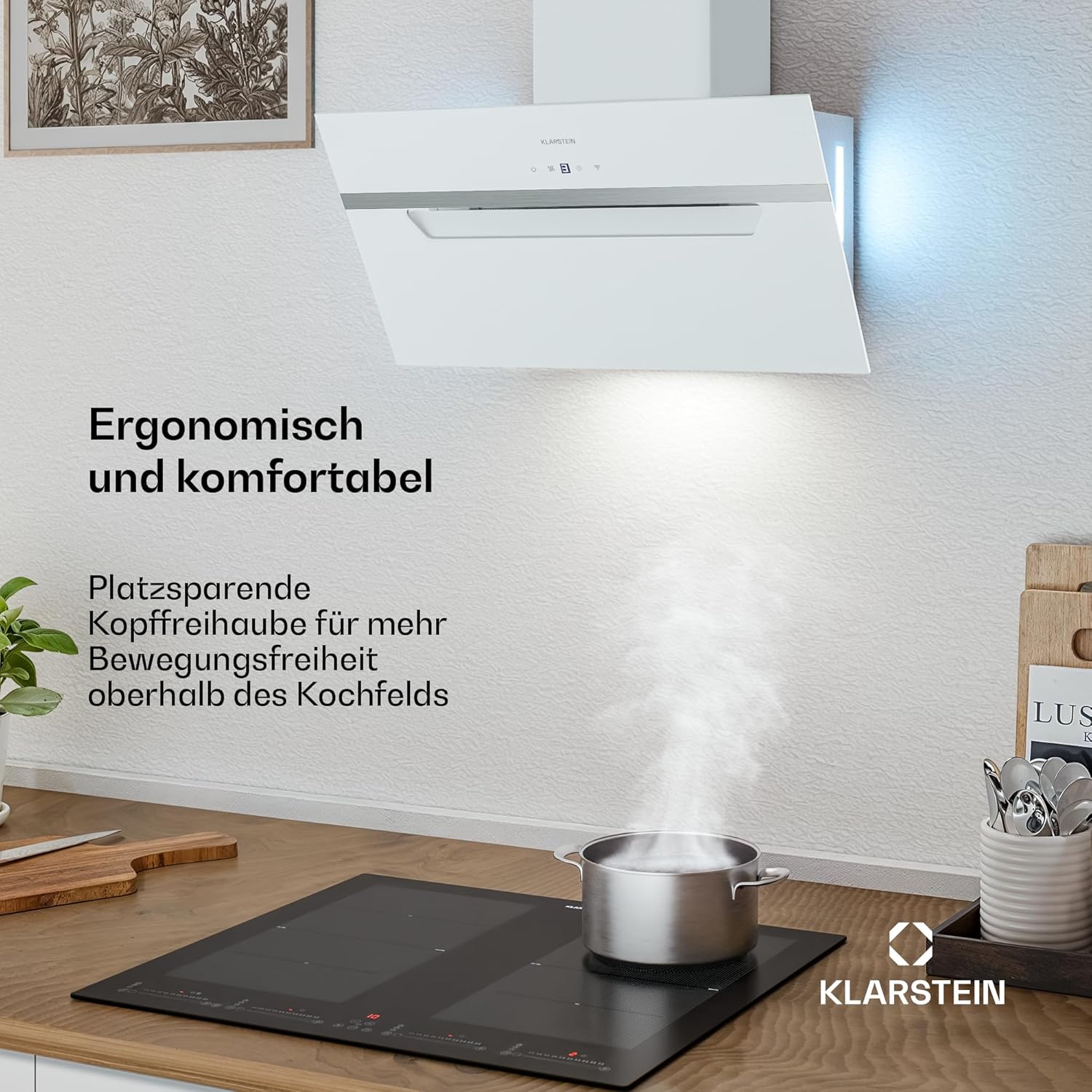 Klarstein BigBite Kopffreihaube - 60 cm Abzugshaube, 417 m³/h Boost, Touch-Bedienung, LED, A+++, Umluft & Abluft, leise, Glasdesign, 3 Stufen, inkl. Aktivkohlefilter, Weiß