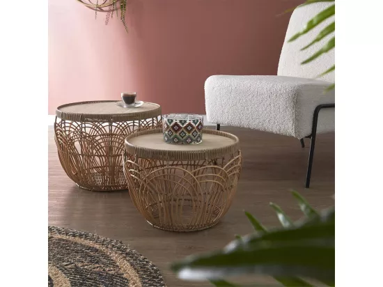 JAYA - Lot de 2 Tables en Rotin Synthétique et Plateau MDF Imitation Bambou