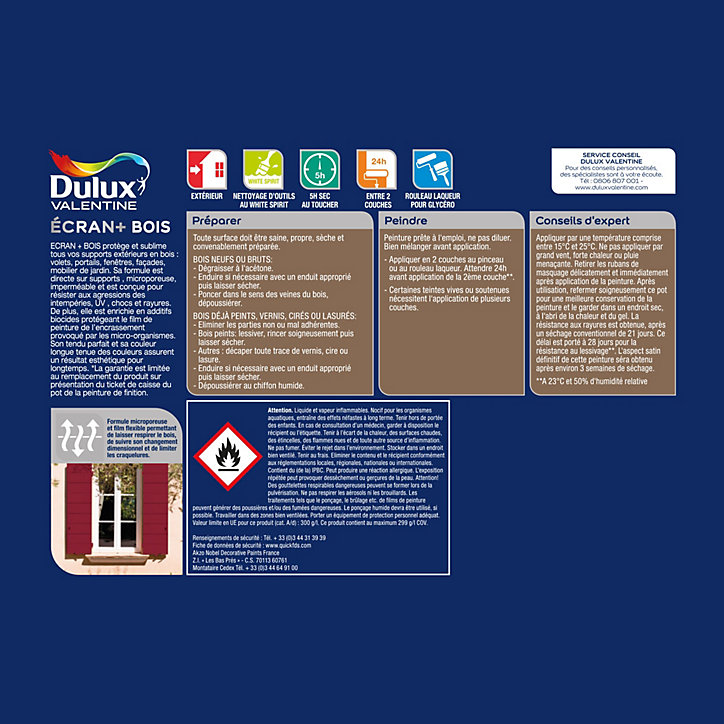 Peinture extérieure Ecran+ bois Dulux Valentine satin beige gris 2L
