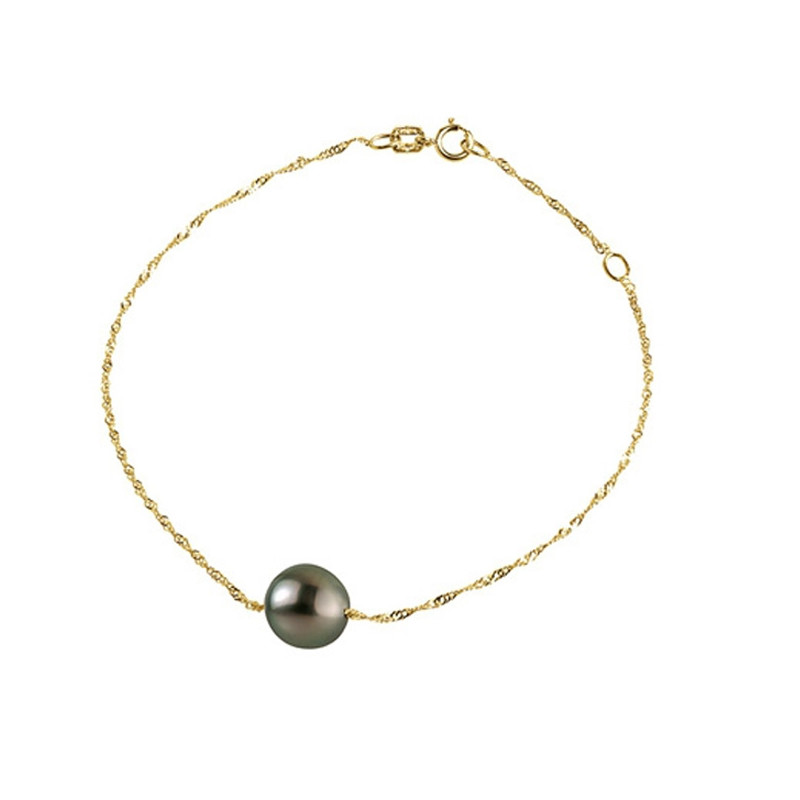 Bracelet Femme Chaine Singapour en Or Jaune 375/1000 et Perle de culture de Tahiti Noire