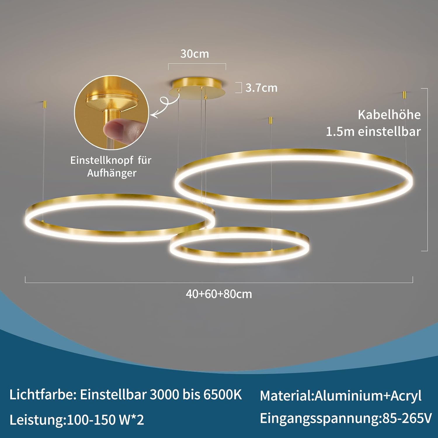 Mikeru Led Pendelleuchte, Gold Wohnzimmerlampe ø40+60+80cm Verstellbare Runde Pendellampe, 85w 3-Ring Kreisförmige Led Hängelampe Mit Memory-Funktion 10%-100% Dimmbarer Kronleuchter Kücheninsel