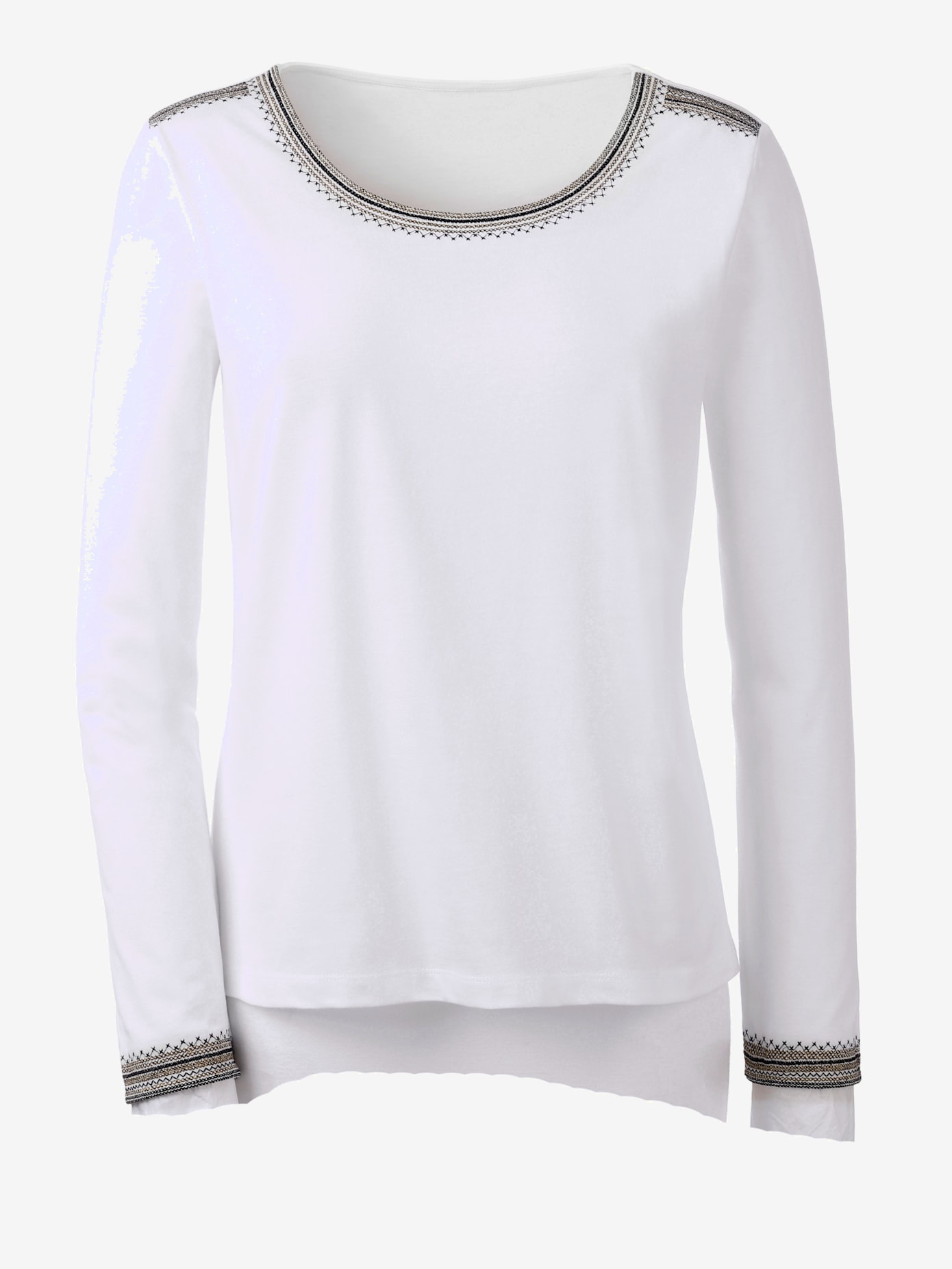T-shirt brodé mélange coton-modal col rond manches longues