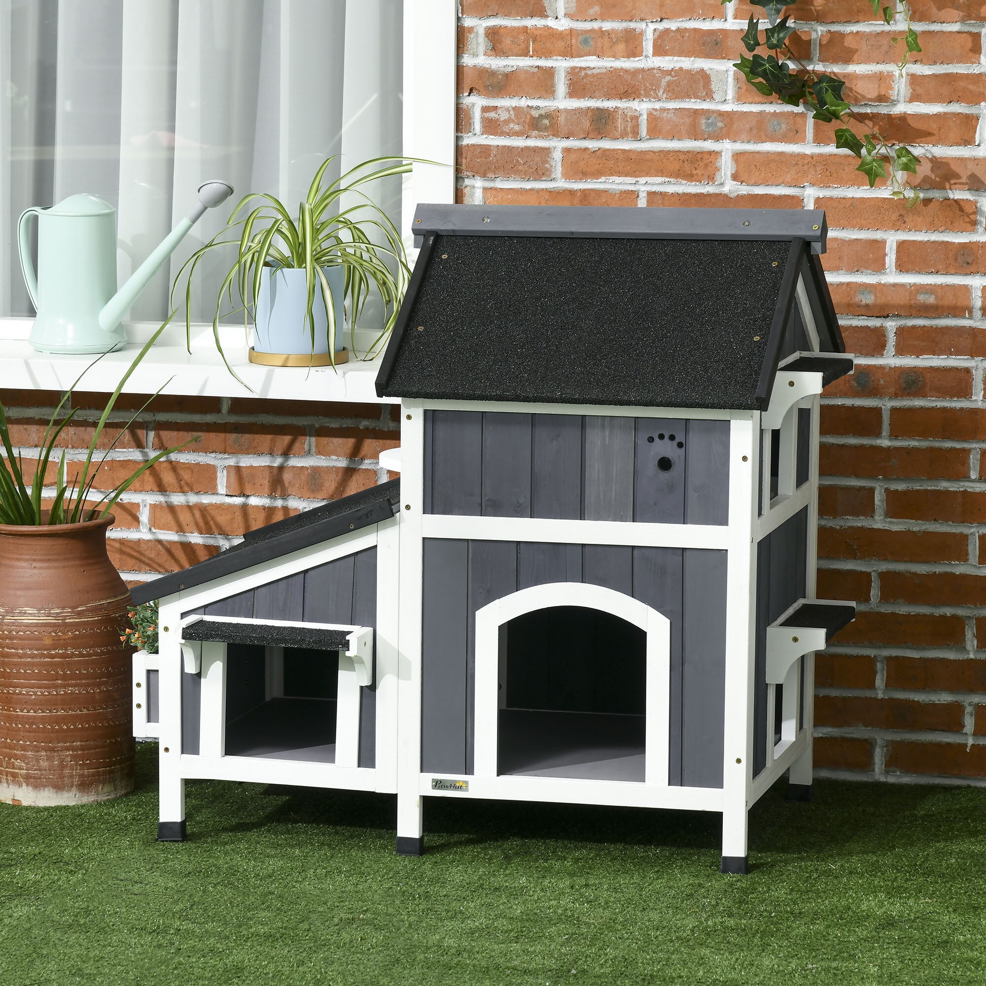 PawHut Katzenhaus mit Blumenkasten gelb 96L x 65B x 85,5H cm