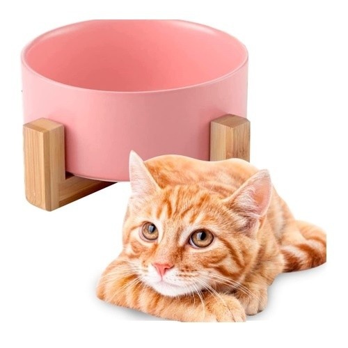 Comedouro Edipets rosa de porcelana e bambu para cães e gatos.